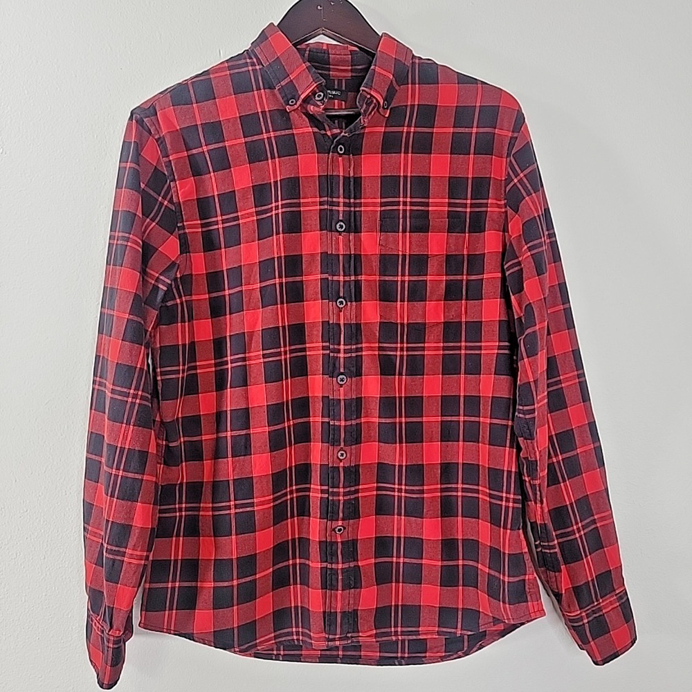 Banana Republic Luxe Flannel Shirt Men’s Medium Red Black Plaid 100%‎ Cotton